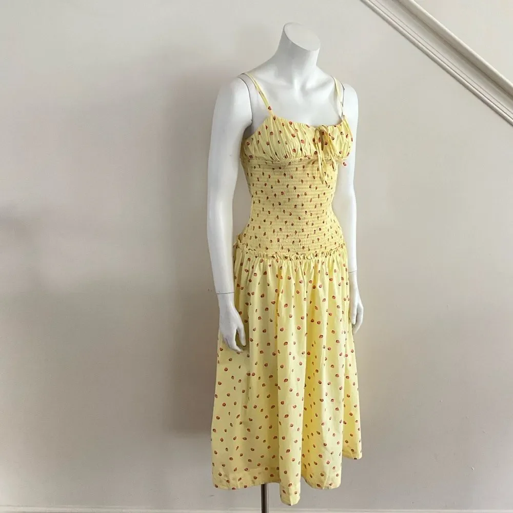 Free People Daze Strawberry Pattern Midi Dress Yellow XS